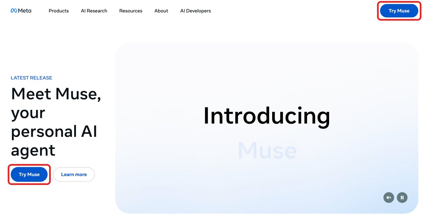PC에서 본 ai.meta.com 첫 화면의 Try Muse 버튼 두 곳