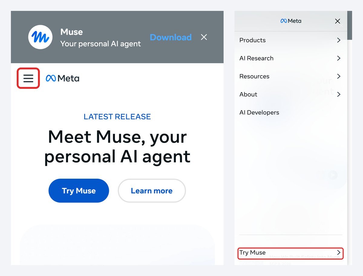 휴대폰에서 ai.meta.com 왼쪽 위 삼선 메뉴를 누르고 맨 아래 Try Muse 선택