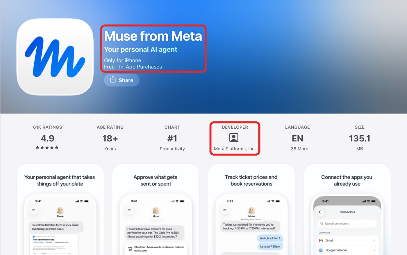 미국 앱스토어의 Muse from Meta 앱, 개발자 Meta Platforms, Inc.